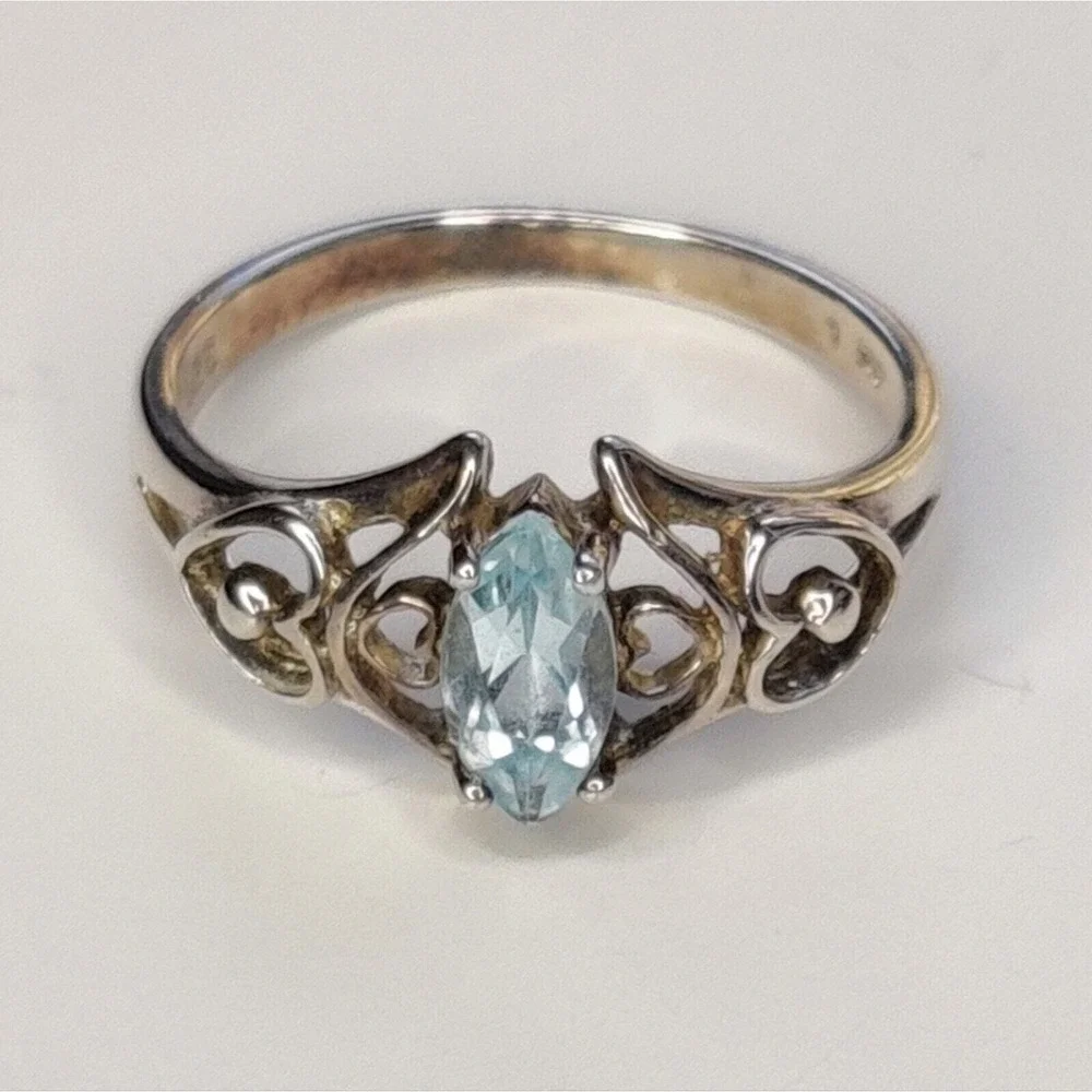 Sterling Silver 925 Blue Oval Topaz December Birthstone Ring Double Heart Size 7